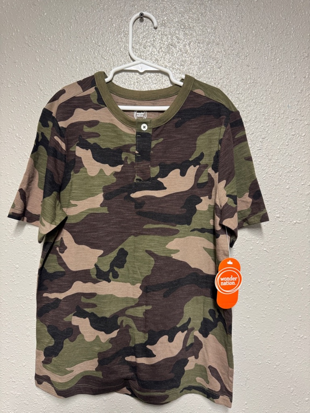 wonder nation Men’s Camo Henley Short Sleeve Shirt - Green/Brown/Black